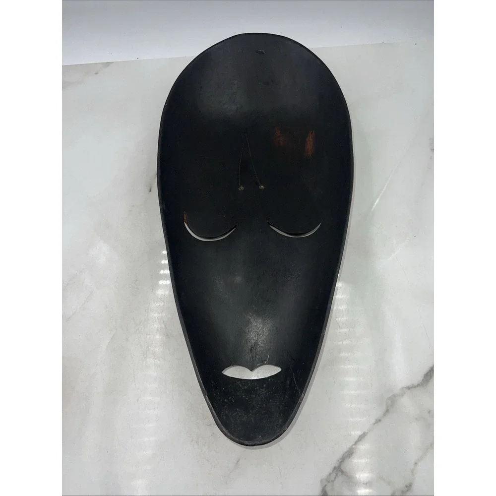 Vintage Malacca Malaysian Wood Mask Carved With Mother Of Pearl Inlay